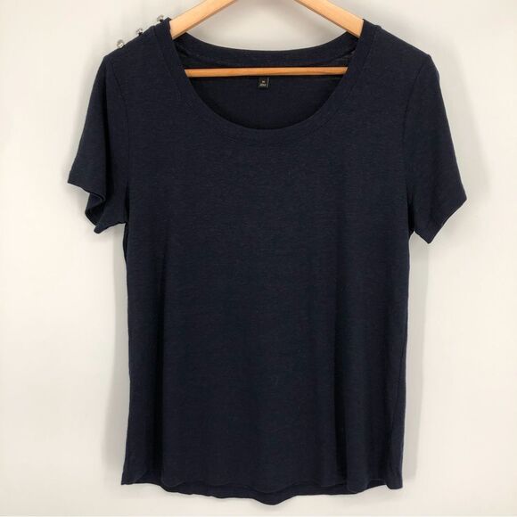 Talbots Shirt Womens Medium Linen Dark Blue Navy Buttons Nautical Short Sleeve - Picture 1 of 9